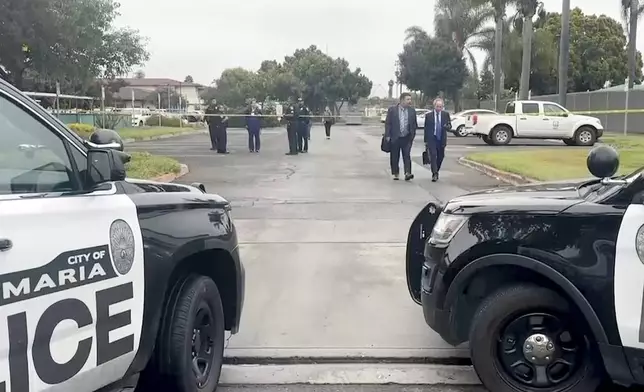 In this still image from video provided by KEYT, law enforcement work on a scene following an explosion at the Santa Maria Courthouse in Santa Maria, Calif., Wednesday, Sept. 25, 2024. (KEYT via AP)