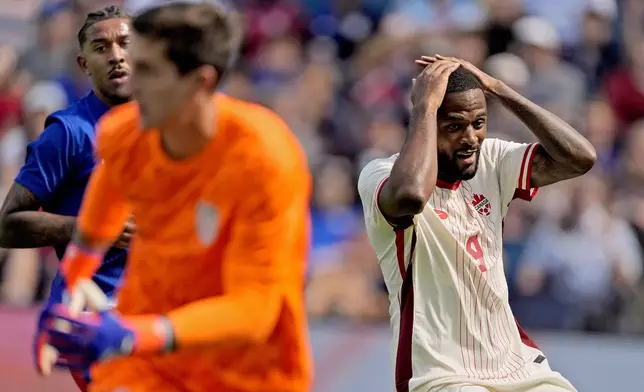 Canada forward Cyle Larin (9) reacts after missing a goal attempt during the first half of an international friendly soccer game against United States, Saturday, Sept. 7, 2024, in Kansas City, Mo. (AP Photo/Charlie Riedel)