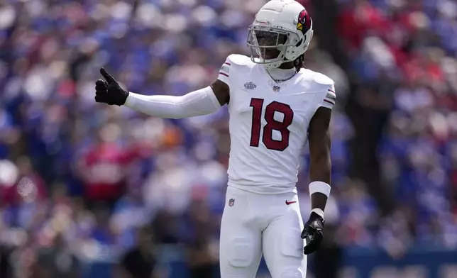 Arizona Cardinals' Marvin Harrison Jr. reacts during an NFL football game against the Buffalo Bills, Sunday, Sept. 8, 2024, in Orchard Park, N.Y. (AP Photo/Matt Slocum)