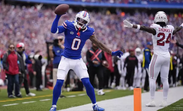 Buffalo Bills wide receiver Keon Coleman (0) celebrates a catch against Arizona Cardinals cornerback Starling Thomas V (24) during the second half of an NFL football game Sunday, Sept. 8, 2024, in Orchard Park, N.Y. (AP Photo/Matt Slocum)