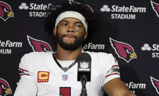 Arizona Cardinals quarterback Kyler Murray pauses before answering a question during a news conference after an NFL football game against the Buffalo Bills Sunday, Sept. 8, 2024, in Orchard Park, N.Y. The Bills won 34-28. (AP Photo/Matt Slocum)