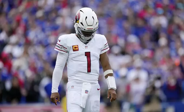 Arizona Cardinals quarterback Kyler Murray walks off the field after a defensive stop by the Buffalo Bills during the second half of an NFL football game Sunday, Sept. 8, 2024, in Orchard Park, N.Y. (AP Photo/Matt Slocum)