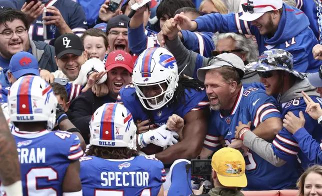 Buffalo Bills linebacker Dorian Williams celebrates his fumble recovery against the Arizona Cardinals during the second half of an NFL football game Sunday, Sept. 8, 2024, in Orchard Park, N.Y. (AP Photo/Jeffrey T. Barnes)