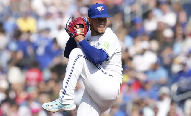 Toronto Blue Jays pitcher José Berríos works against St. Louis Cardinals during first inning interleague MLB baseball action in Toronto, Saturday Sept. 14, 2024. (Chris Young/The Canadian Press via AP)