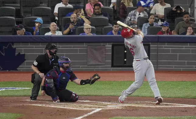 St. Louis Cardinals' Paul Goldschmidt, right, hits a single against the Toronto Blue Jays in the first inning during baseball game action in Toronto, Friday Sept. 13, 2024. (Chris Young/The Canadian Press via AP)