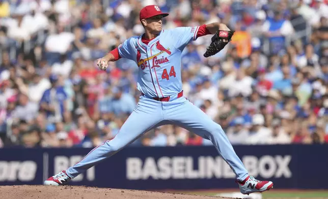 St. Louis Cardinals pitcher Kyle Gibson works against Toronto Blue Jays during first inning of a baseball game in Toronto, Saturday Sept. 14, 2024. (Chris Young/The Canadian Press via AP)