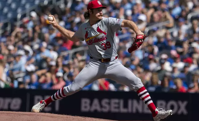 St. Louis Cardinals pitcher Miles Mikolas throws against the Toronto Blue Jays during first-inning baseball game action in Toronto, Sunday Sept. 15, 2024. (Paige Taylor White/The Canadian Press via AP)