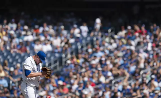 Toronto Blue Jays pitcher Yariel Rodríguez stands on the mound against the St. Louis Cardinals during first-inning baseball game action in Toronto, Sunday Sept. 15, 2024. (Paige Taylor White/The Canadian Press via AP)