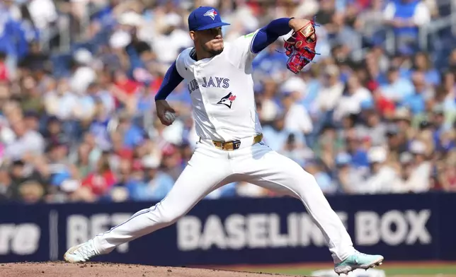 Toronto Blue Jays pitcher José Berríos works against St. Louis Cardinals during first inning interleague MLB baseball action in Toronto, Saturday Sept. 14, 2024. (Chris Young/The Canadian Press via AP)