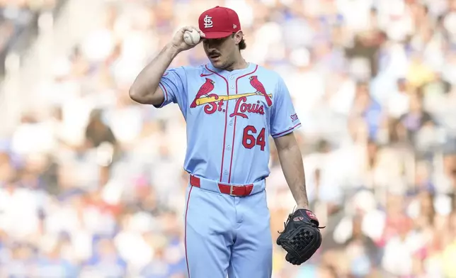 St. Louis Cardinals pitcher Ryan Fernandez reacts during sixth inning interleague MLB baseball action against the Toronto Blue Jays in Toronto, Saturday September 14, 2024. (Chris Young/The Canadian Press via AP)