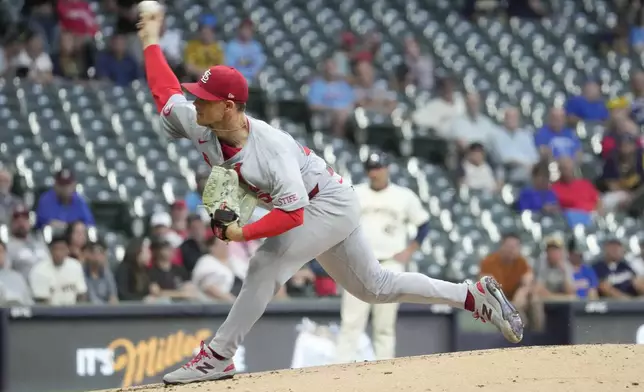 St. Louis Cardinals pitcher Sonny Gray throws during the second inning of a baseball game against the St. Louis Cardinals, Wednesday, Sept. 4, 2024, in Milwaukee. (AP Photo/Kayla Wolf)