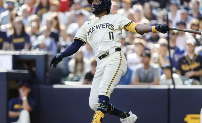 Milwaukee Brewers' Jackson Chourio hits a grand slam home run against the St. Louis Cardinals during the sixth inning of a baseball game Monday, Sept. 2, 2024, in Milwaukee. (AP Photo/Jeffrey Phelps)