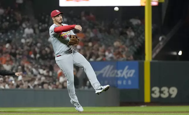 St. Louis Cardinals third base Nolan Arenado throws to first base on the ground out by San Francisco Giants' Matt Chapman during the fifth inning of a baseball game Friday, Sept. 27, 2024, in San Francisco. (AP Photo/Tony Avelar)