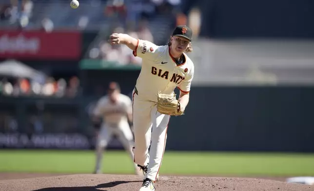 San Francisco Giants pitcher Hayden Birdsong throws against the St. Louis Cardinals during the first inning of a baseball game Sunday, Sept. 29, 2024, in San Francisco. (AP Photo/Tony Avelar)