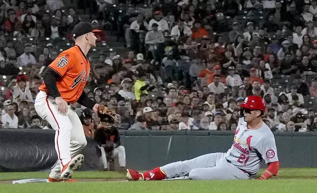 St. Louis Cardinals' Lars Nootbaar (21) slides safely into third base after hitting a two-RBI triple against the San Francisco Giants during the fourth inning of a baseball game Friday, Sept. 27, 2024, in San Francisco. (AP Photo/Tony Avelar)