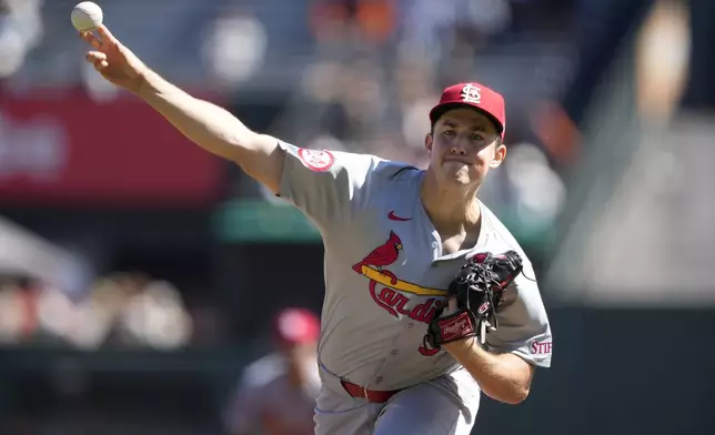 St. Louis Cardinals pitcher Michael McGreevy throws against the San Francisco Giants during the first inning of a baseball game Sunday, Sept. 29, 2024, in San Francisco. (AP Photo/Tony Avelar)