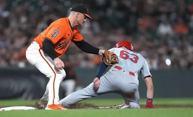 St. Louis Cardinals' Michael Siani (63) is tagged out at third base by San Francisco Giants third baseman Matt Chapman, left, during the eighth inning of a baseball game, Friday, Sept. 27, 2024, in San Francisco. (AP Photo/Tony Avelar)