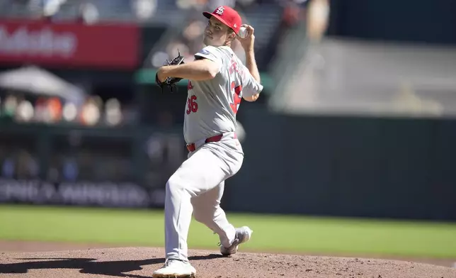 St. Louis Cardinals pitcher Michael McGreevy throws against the San Francisco Giants during the first inning of a baseball game Sunday, Sept. 29, 2024, in San Francisco. (AP Photo/Tony Avelar)