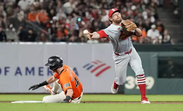 St. Louis Cardinals second baseman Brendan Donovan, right, gets a force out against San Francisco Giants' Tyler Fitzgerald, left, at second base and turns a double play on a ball hit by Giants' Casey Schmitt during the sixth inning of a baseball game Friday, Sept. 27, 2024, in San Francisco. (AP Photo/Tony Avelar)