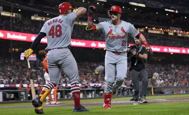 St. Louis Cardinals' Lars Nootbaar (21) is congratulated by Iván Herrera (48) after hitting a solo home run against the San Francisco Giants during the third inning of a baseball game Friday, Sept. 27, 2024, in San Francisco. (AP Photo/Tony Avelar)