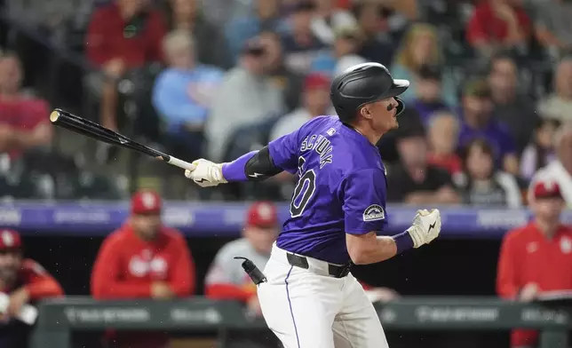 Colorado Rockies' Aaron Schunk breaks from the batter's box after hitting an infield single to drive in a run off St. Louis Cardinals starting pitcher Michael McGreevy in the fifth inning of a baseball game Tuesday, Sept. 24, 2024, in Denver. (AP Photo/David Zalubowski)