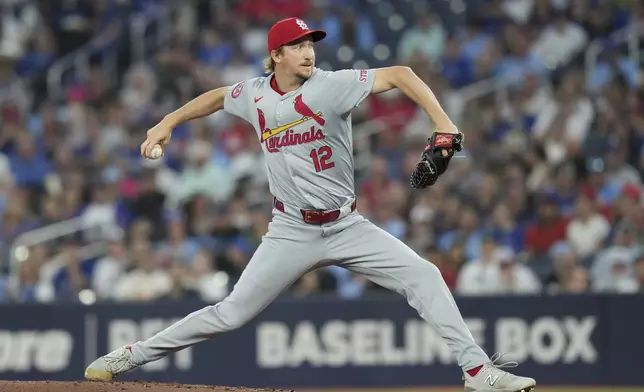 St. Louis Cardinals' pitcher Erick Fedde (12) pitches against the Toronto Blue Jays in the first inning during MLB baseball action in Toronto, Friday Sept. 13, 2024. (Chris Young/The Canadian Press via AP)