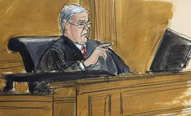 In this courtroom sketch, Judge Lewis Kaplan sentences Caroline Ellison, Tuesday, Sept. 24, 2024, at Manhattan federal court in New York. (Elizabeth Williams via AP)