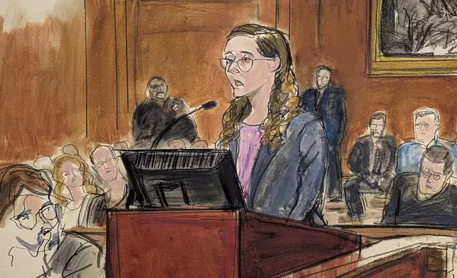 In this courtroom sketch, Caroline Ellison gives her sentencing statement, Tuesday, Sept. 24, 2024, at Manhattan federal court in New York. (Elizabeth Williams via AP)