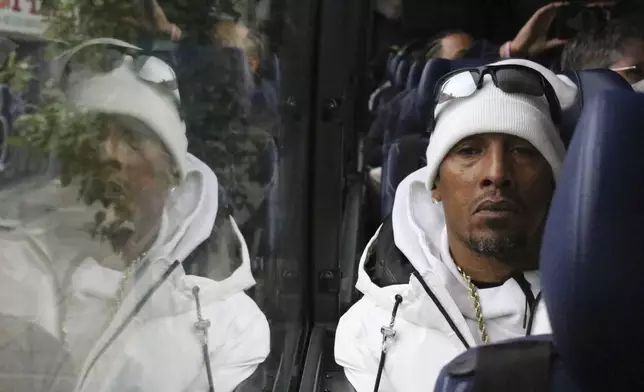 Korey Wise, one of the members of ‘The Central Park Five,’ sits on a bus outside the National Action Network headquarters in the Harlem neighborhood of New York as members of the organization prepare to depart on a Get Out the Vote bus tour on Friday, Sep. 27, 2024. (AP Photo/Noreen Nasir)