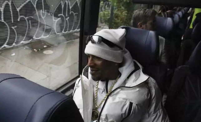 Korey Wise, one of the members of ‘The Central Park Five,’ sits on a bus outside the National Action Network headquarters in the Harlem neighborhood of New York as members of the organization prepare to depart on a Get Out the Vote bus tour on Friday, Sep. 27, 2024. (AP Photo/Noreen Nasir)