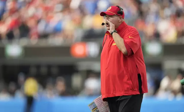 Kansas City Chiefs head coach Andy Reid yells from the sideline during the second half of an NFL football game against the Los Angeles Chargers Sunday, Sept. 29, 2024, in Inglewood, Calif. (AP Photo/Ashley Landis)