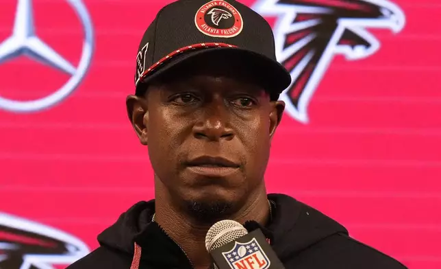 Atlanta Falcons head coach Raheem Morris speaks during a news conference after an NFL football game against the Kansas City Chiefs, Sunday, Sept. 22, 2024, in Atlanta. The Kansas City Chiefs 22-17. (AP Photo/Brynn Anderson)