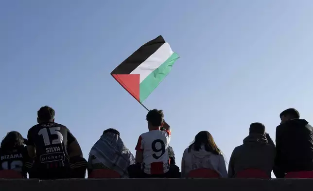 A Club Palestino fan waves a Palestinian flag during a local league soccer match against Santiago Wanderers at La Cisterna stadium in Santiago, Chile, Friday, July 12, 2024. (AP Photo/Matias Basualdo)