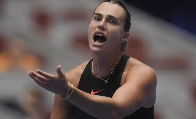 Aryna Sabalenka of Belarus reacts during a match against Mananchaya Sawangkaew of Thailand for the China Open tennis tournament held at the National Tennis Center in Beijing, Saturday, Sept. 28, 2024. (AP Photo/Ng Han Guan)