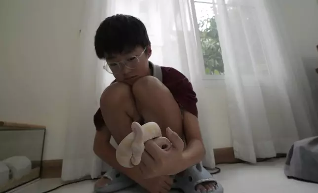 Rodney Feng plays with his pet, an albino ball python called Banana, in Chiang Mai province, Thailand, Tuesday, April 23, 2024. (AP Photo/Sakchai Lalit)