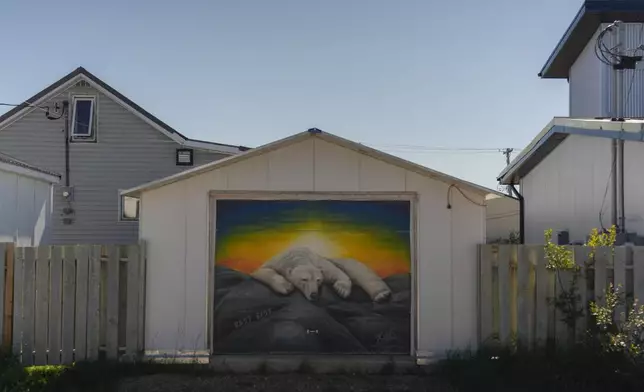 A garage displays a mural of a sleeping polar bear, Thursday, Aug. 8, 2024, in Churchill, Manitoba. (AP Photo/Joshua A. Bickel)