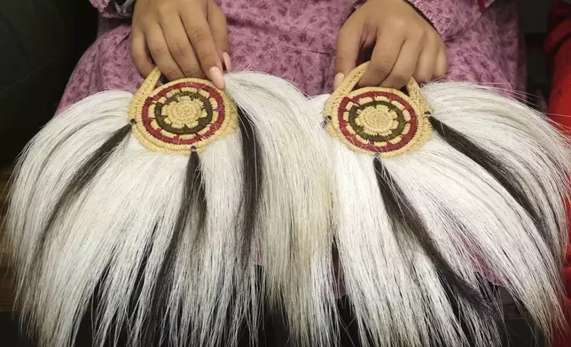 A young girl prepares to participate in an Indigenous drum and dance on Thursday, Aug. 15, 2024, Mertarvik, Alaska. (AP Photo/Rick Bowmer)