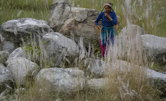 Laxmi Jyoti, 41, walks near where her home used to be in Chanaute, Melamchi, northeast from Kathmandu, Nepal, Sunday, Sept. 15, 2024, now covered with large rocks brought by floods in 2021. (AP Photo/Niranjan Shrestha)