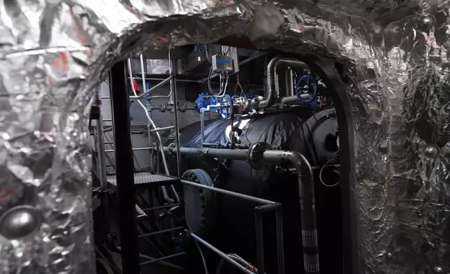 The tank that will hold ammonia and power the NH3 Kraken sits on the tugboat on Friday, Sept. 13, 2024, in Kingston, N.Y. (AP Photo/Alyssa Goodman)