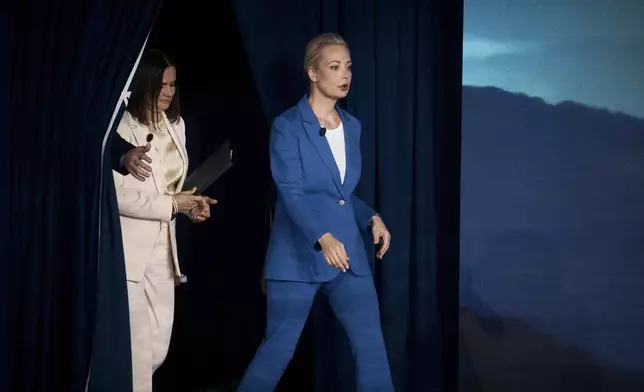 Russian political leader and the late Alexei Navalny's wife Yulia Navalnaya, right, and Belarusian politician, Sviatlana Tsikhanouskaya, left, enter to the stage during the Clinton Global Initiative, on Tuesday, Sept. 24, 2024, in New York. (AP Photo/Andres Kudacki)