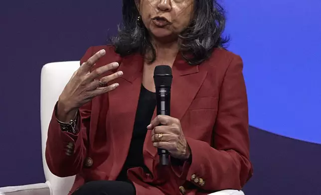 Binaifer Nowrojee, President of Open Society Foundations, speaks during the Clinton Global Initiative, on Monday, Sept. 23, 2024, in New York. (AP Photo/Andres Kudacki)