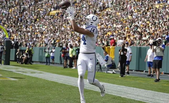 Indianapolis Colts wide receiver Alec Pierce makes a catch for a touchdown during the second half of an NFL football game against the Green Bay Packers Sunday, Sept. 15, 2024, in Green Bay, Wis. (AP Photo/Matt Ludtke)