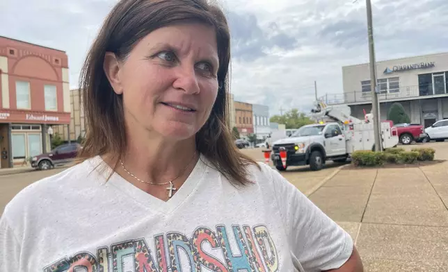 Lori Chavis, a city council member in Grenada, Miss., speaks Wednesday, Sept. 11, 2024, about a plan to move a Confederate monument from a prominent spot in downtown to a secluded area behind a fire station. (AP Photo/Emily Wagster Pettus)