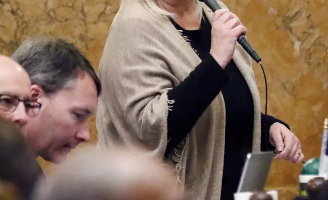 FILE -Rep. Stacey Hobgood Wilkes, R-Picayune, asks a question from the flood of the House Chamber, Thursday, March 7, 2019, at the Capitol in Jackson, Miss. (AP Photo/Rogelio V. Solis, File)