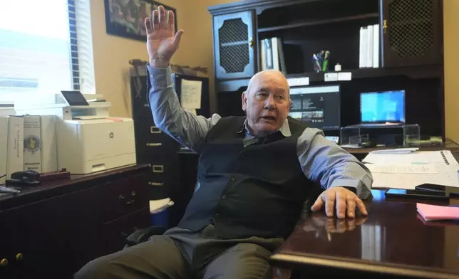 Shoshone-Paiute tribal Chairman Brian Mason speaks from his office, March 15, 2024, in Owyhee, Nev., on the Duck Valley reservation which straddles the Nevada-Idaho border. (AP Photo/Rick Bowmer)