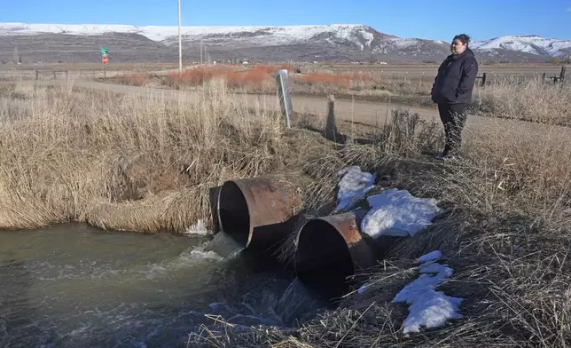 Shoshone-Paiute tribal member Tanya Smith Beaudoin stands along an irrigation canal that she grew up swimming in, on March 14, 2024, in Owyhee, Nev., the only town on the Duck Valley Indian Reservation that straddles the Nevada-Idaho border. (AP Photo/Rick Bowmer)