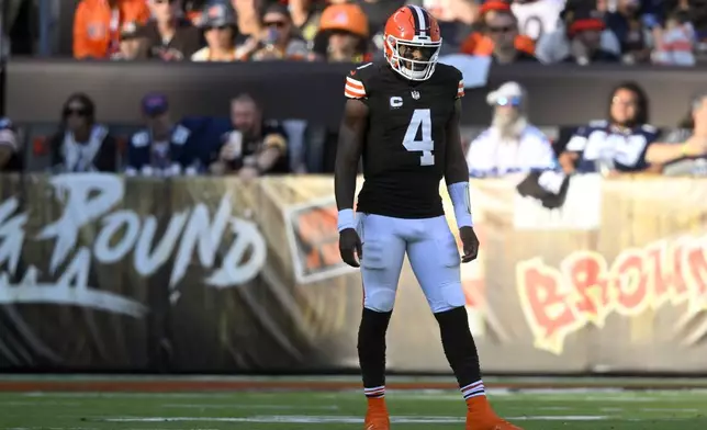 Cleveland Browns quarterback Deshaun Watson (4) stands on the field after throwing an incomplete pass in the second half of an NFL football game against the Dallas Cowboys in Cleveland, Sunday, Sept. 8, 2024. (AP Photo/David Richard)