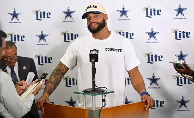 Dallas Cowboys' Dak Prescott responds to questions during a news conference after the team's NFL football game against the Cleveland Browns in Cleveland, Sunday, Sept. 8, 2024. (AP Photo/David Richard)