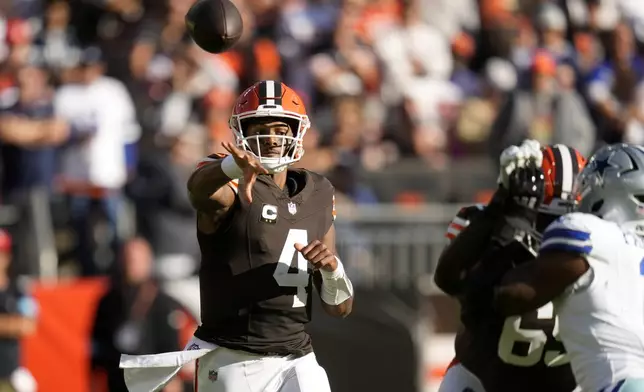 Cleveland Browns quarterback Deshaun Watson (4) throws a pass in the first half of an NFL football game against the Dallas Cowboys in Cleveland, Sunday, Sept. 8, 2024. (AP Photo/Sue Ogrocki)