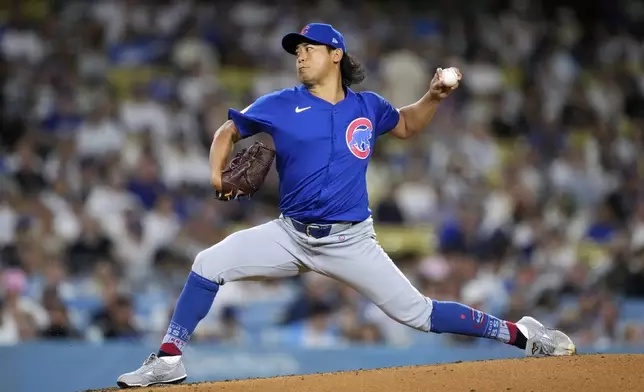 Chicago Cubs starting pitcher Shota Imanaga throws to the plate during the third inning of a baseball game against the Los Angeles Dodgers, Tuesday, Sept. 10, 2024, in Los Angeles. (AP Photo/Mark J. Terrill)